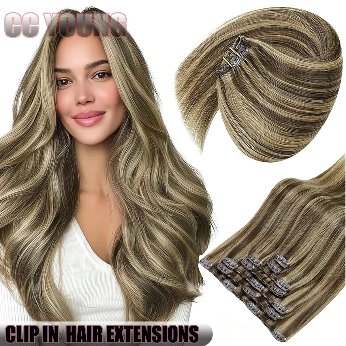 

Накладные волосы на клипсе, настоящие человеческие волосы, прямые бесшовные невидимые человеческие волосы, клипсы для женщин, двойной уток, 7 шт.