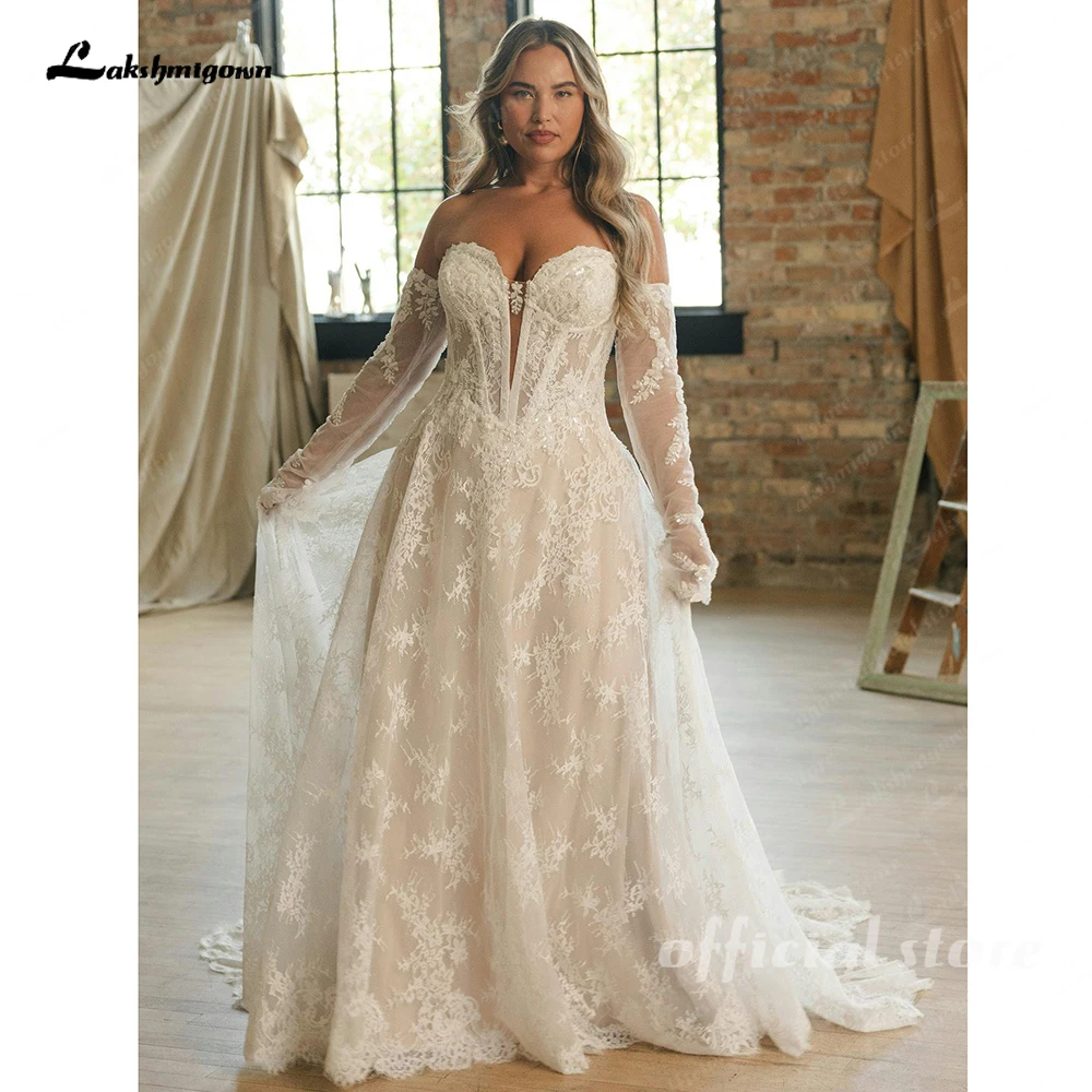 Lakshmigown Plus Size Hochzeitskleid Off-Shoulder A-Linie Spitzenapplikationen Lange Ärmel Exquisite Vestidos De Novia Maßanfertigung – Detail 5