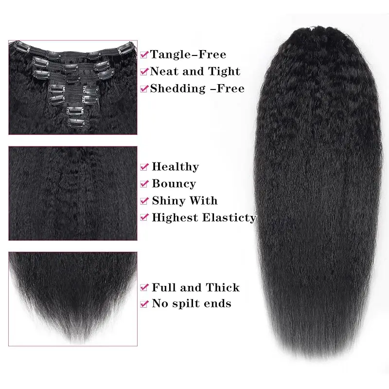 Extensions de cheveux humains vierges brésiliens pour femmes, 120 cheveux humains crépus raides, clip de tête complet, non transformés, 100% g