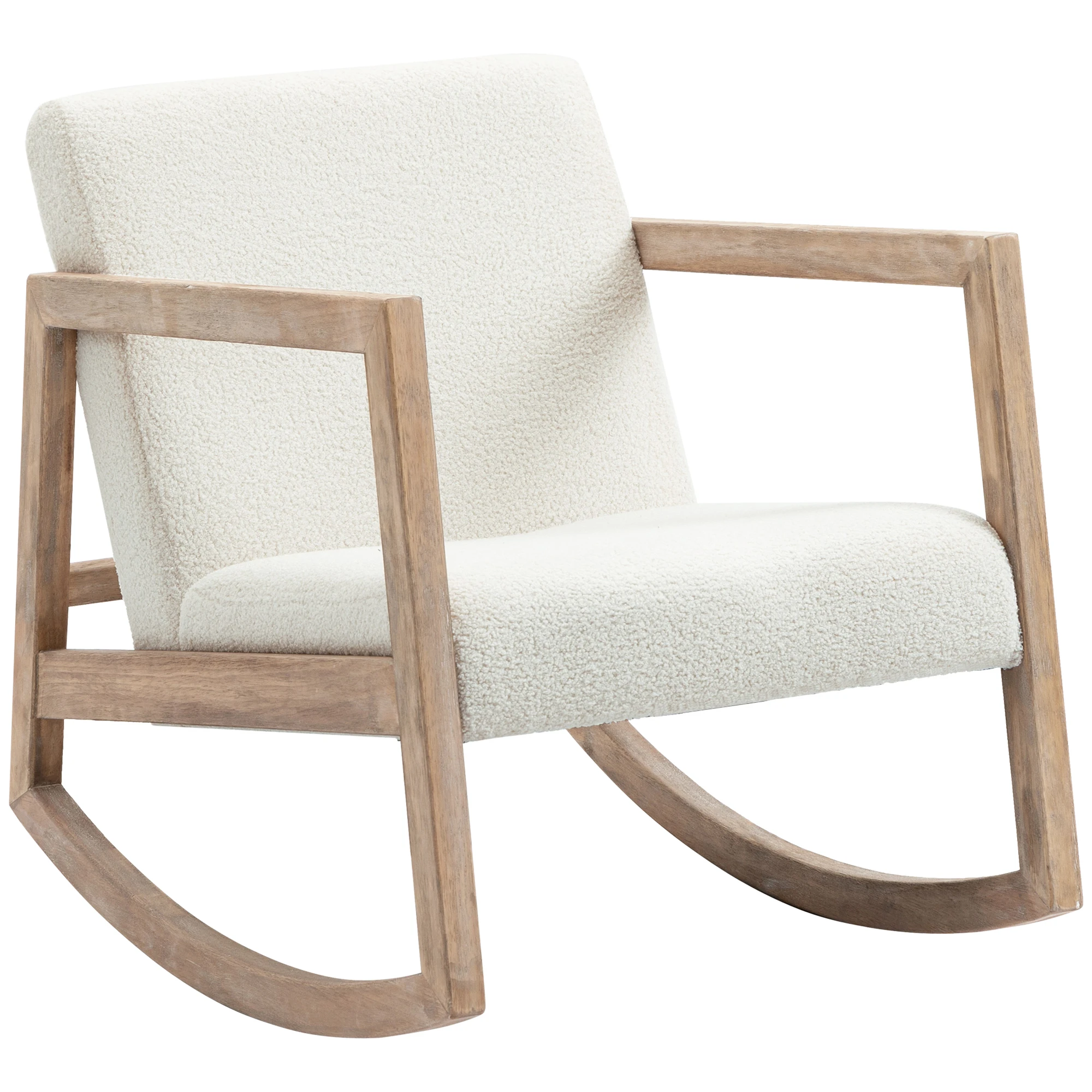 Fauteuil à bascule avec structure en bois, rembourré, fauteuil relaxant, fauteuil de salon, chaise longue avec assise rembourrée, bois d'hévéa, blanc crème, 60 x 81 x 71 cm