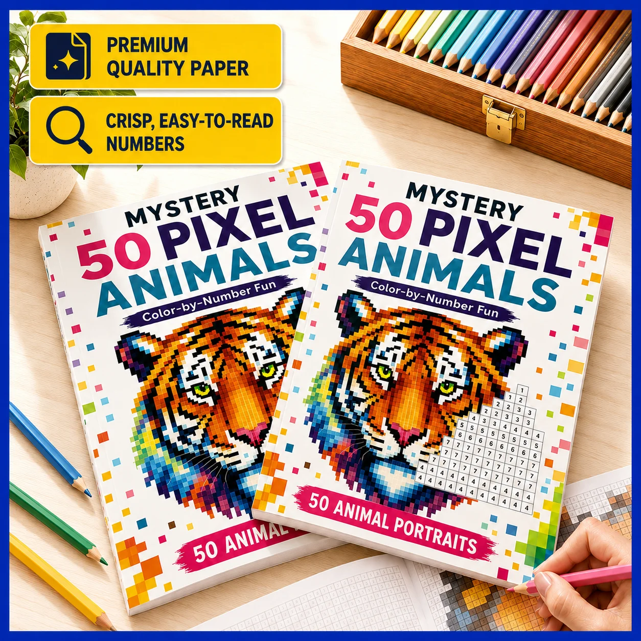 50 Mystery Pixel Animals Color by Number Book, 104 Pages, A4, Heavyweight Paper, Full-Color Mosaic, Halloween & Christmas Gift