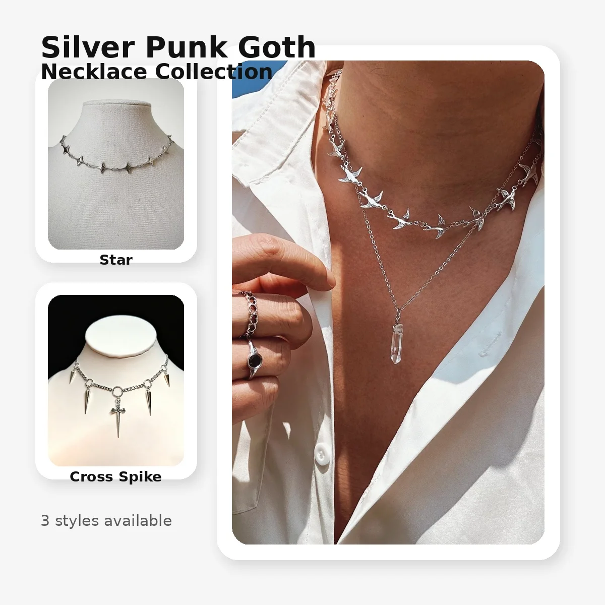 

Silver Punk Goth Necklace for Women Men, Adjustable Chain Necklace, Star Cross Crystal Pendant Layered Y2K Jewelry