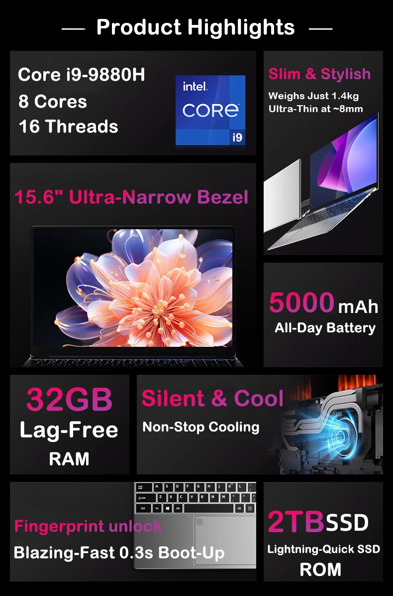 New 15.6' Laptop Intel Core I9-9880H 32GB 2TB Gaming PC Ultra Slim Office Study Computer PC Windows 11 Pro 1920*1080 HD