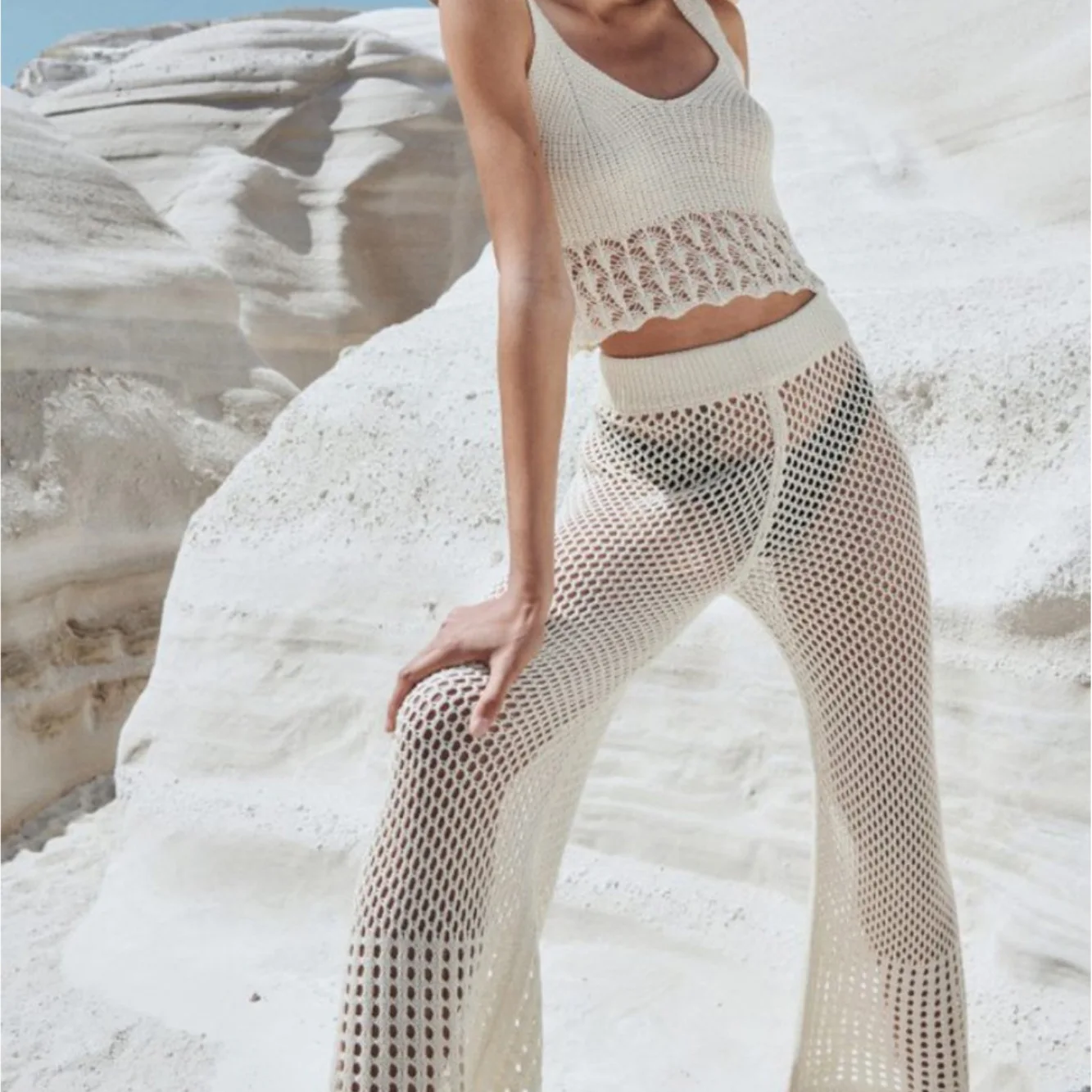 

Комплект из 2 предметов, пляжный наряд, вязаный крючком купальник, женский купальник, женский сексуальный укороченный топ, майка, жилет и длинные брюки, вязаное бикини, накидка