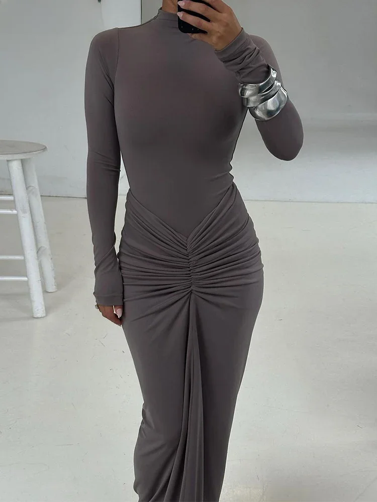 Weird Puss Ruched Simple Dress Women Autumn Fashion Full Sleeve o-Neck Skinny Stretch Basic Classic Hipster Bodycon Vestidos — zdjęcie 2