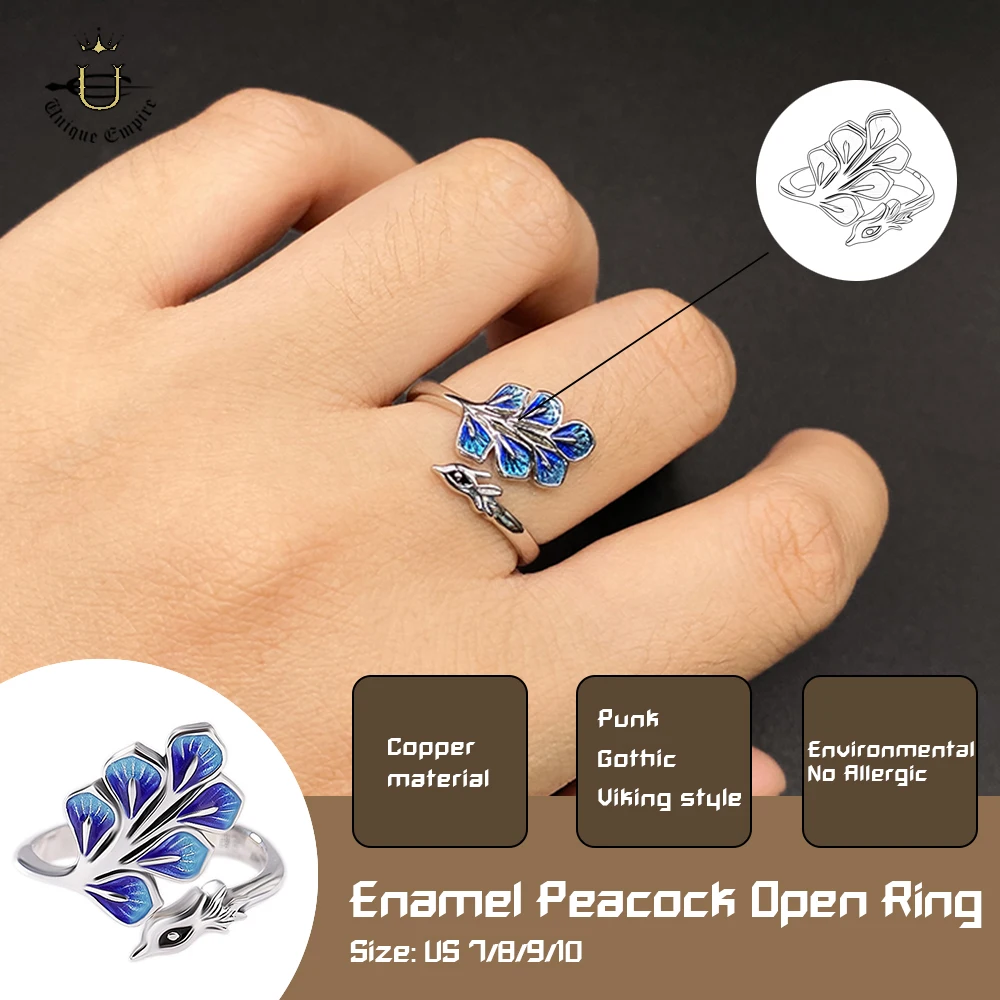 Blue Phoenix Enamel Ring for Women, Vintage Peacock Style Adjustable Band, Exquisite Open Jewelry, Ideal Birthday Gift for Mothe
