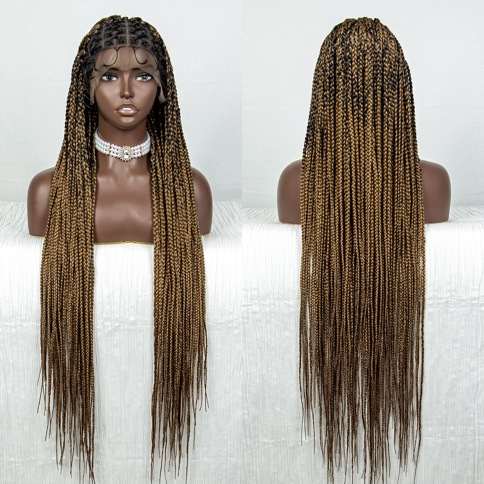 Peluca trenzada de encaje completo sintético para mujeres negras, pelo de bebé sin nudos, trenzas frontales, 36 pulgadas