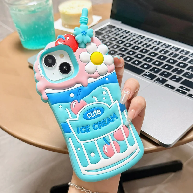 

Japan and South Korea stereo cherry ice cream for iphone14 15 promax cute 11 12 13 Pro silicone anti-fall phone case