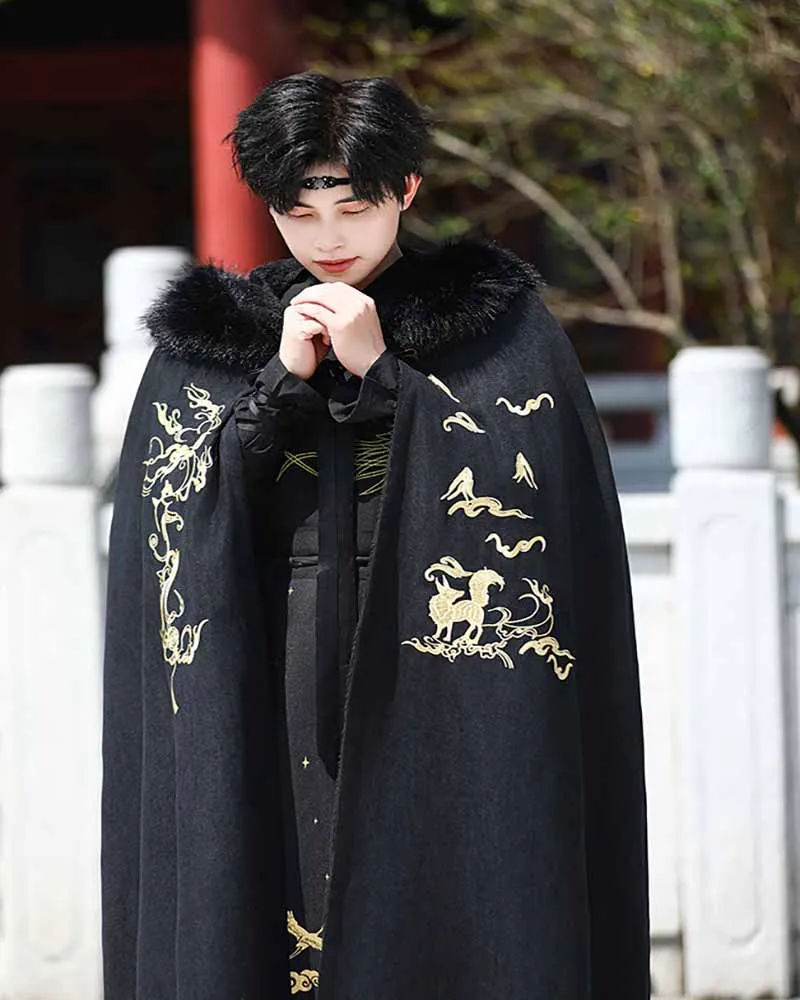 Winter Warm Men`s Hanfu Cloak Chinese Embroidered Golden Fox Black Wool Long Cape Christmas Costume Hanfu Clack For Women