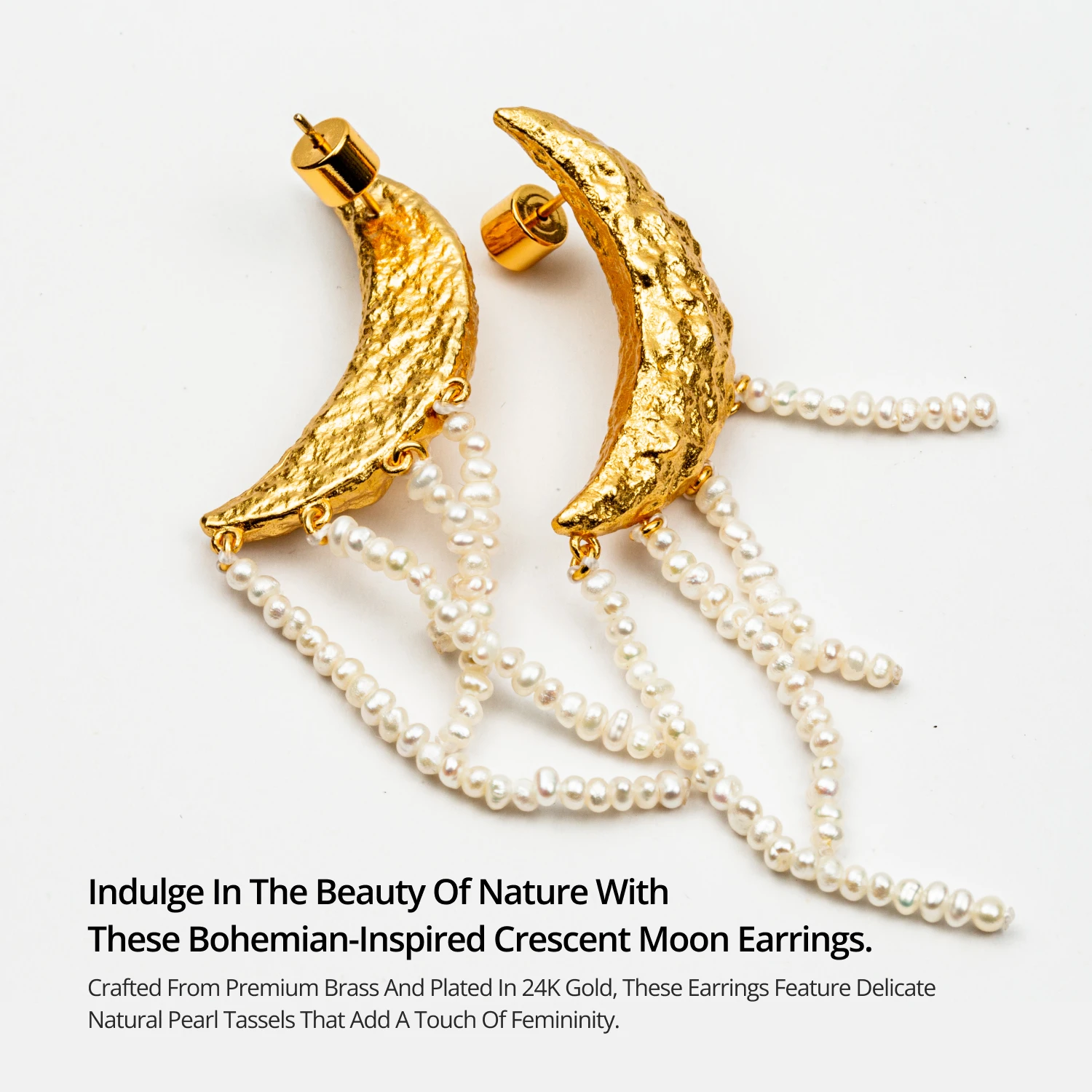 Natural Pearl Tassels Earrings High Quality 24K Gold Plated Crescent Moon Drop Earrings Statement Earrings for Women Gift