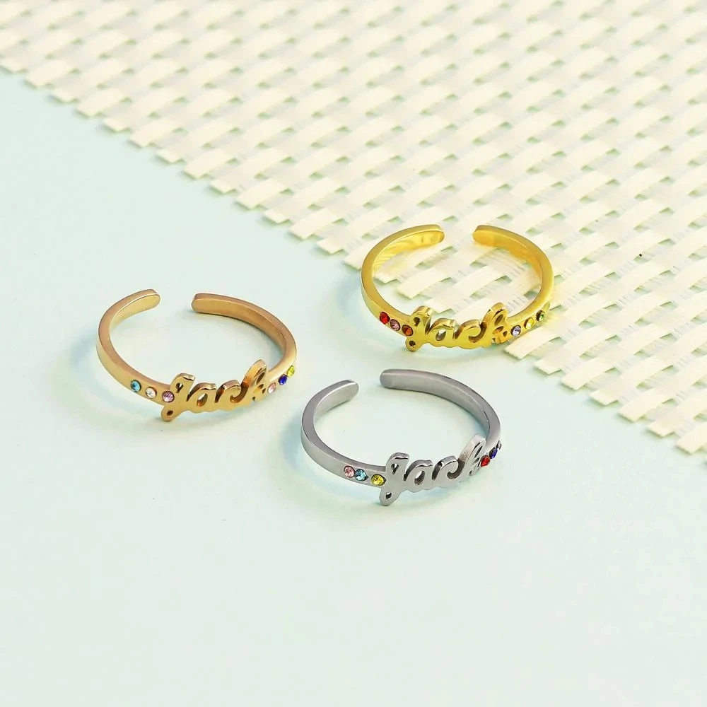 Personalized Birthstone Name Ring Custom Stainless Steel Crystal Jewelry Adjustable Rings Unique Birthday Gift For Femme Friends