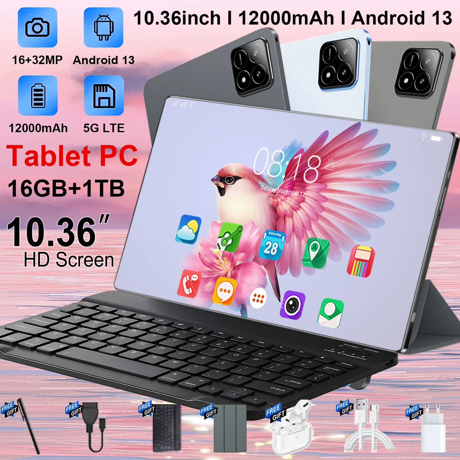 Nouvelle tablette Android 6Ultra 2026 de 10,36 pouces, 16 Go + 1 To, 10 cœurs, GPS, batterie 12000 mAh, Wi-Fi 5G, Bluetooth pour le bureau et le jeu