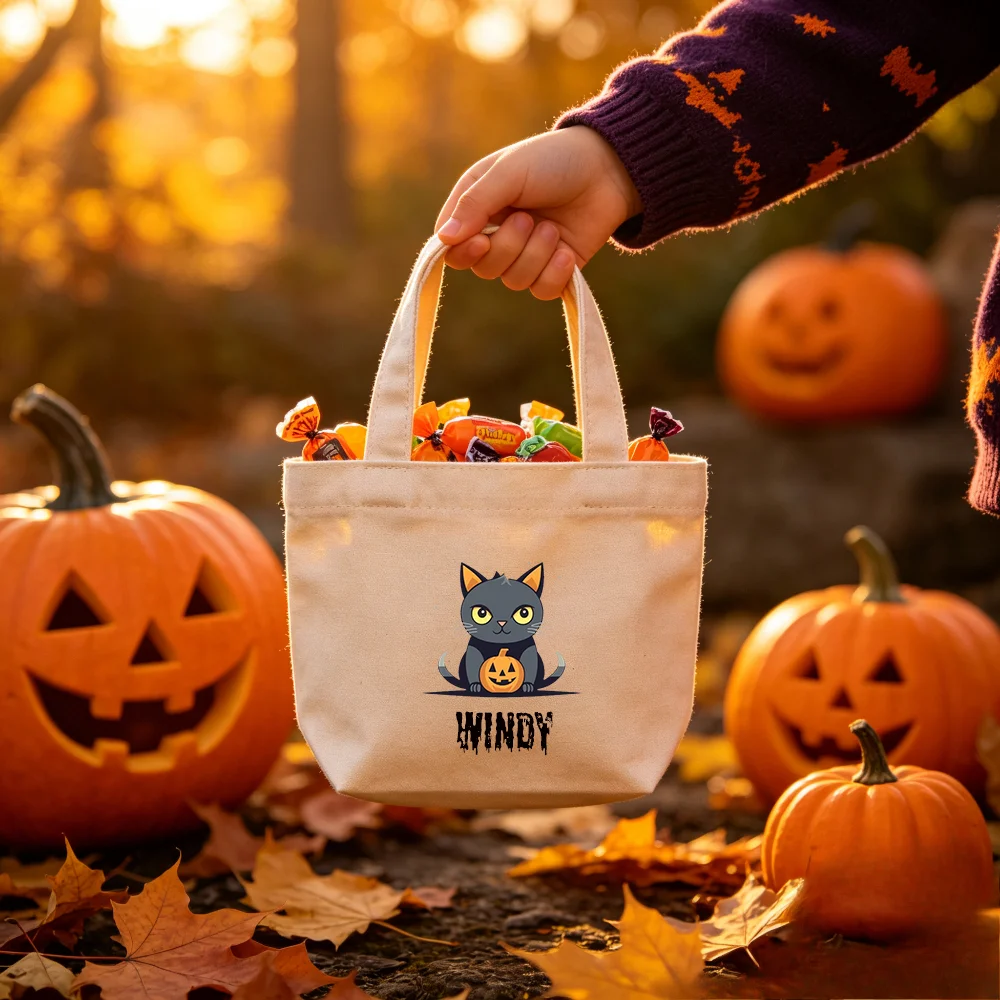 Personalized Halloween Canvas Bag, Custom Printed Handheld Candy Handbag, Children's Halloween Party Candy Storage Bag.