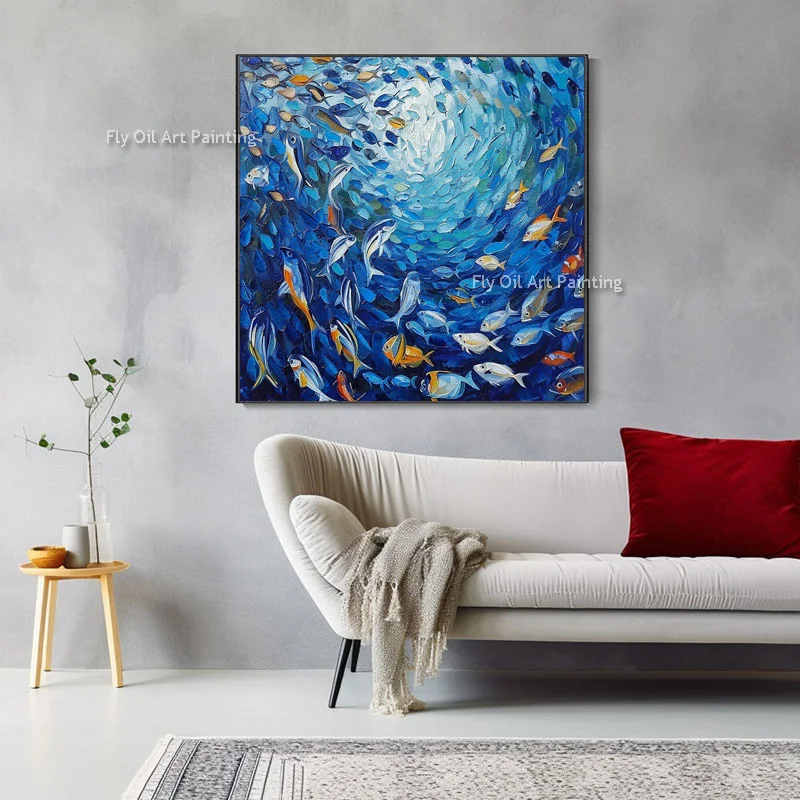 Modern Design Fish Oil Painting School Of Fish Handmade Original Canvas Painting Abstract Blue Ocean Wall Art Decor Ocean Scape