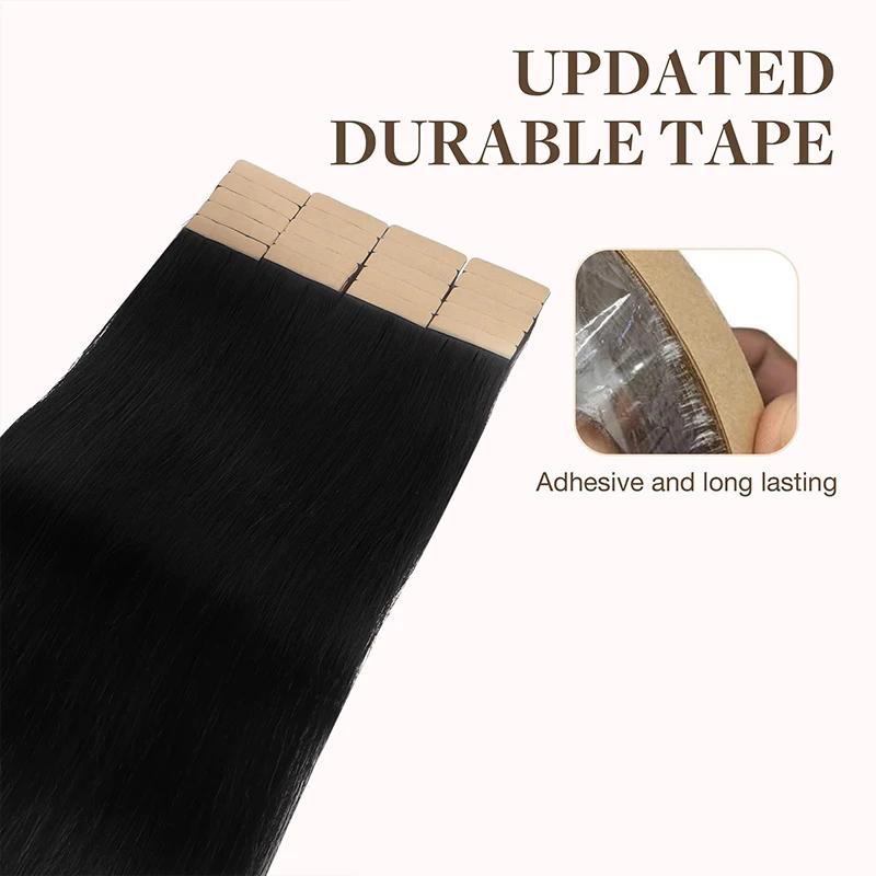 Ruban adhésif invisible pour extensions de cheveux humains, extensions de cheveux, extrémité optique, droit, sans couture, noir, # 1B, 50g par paquet