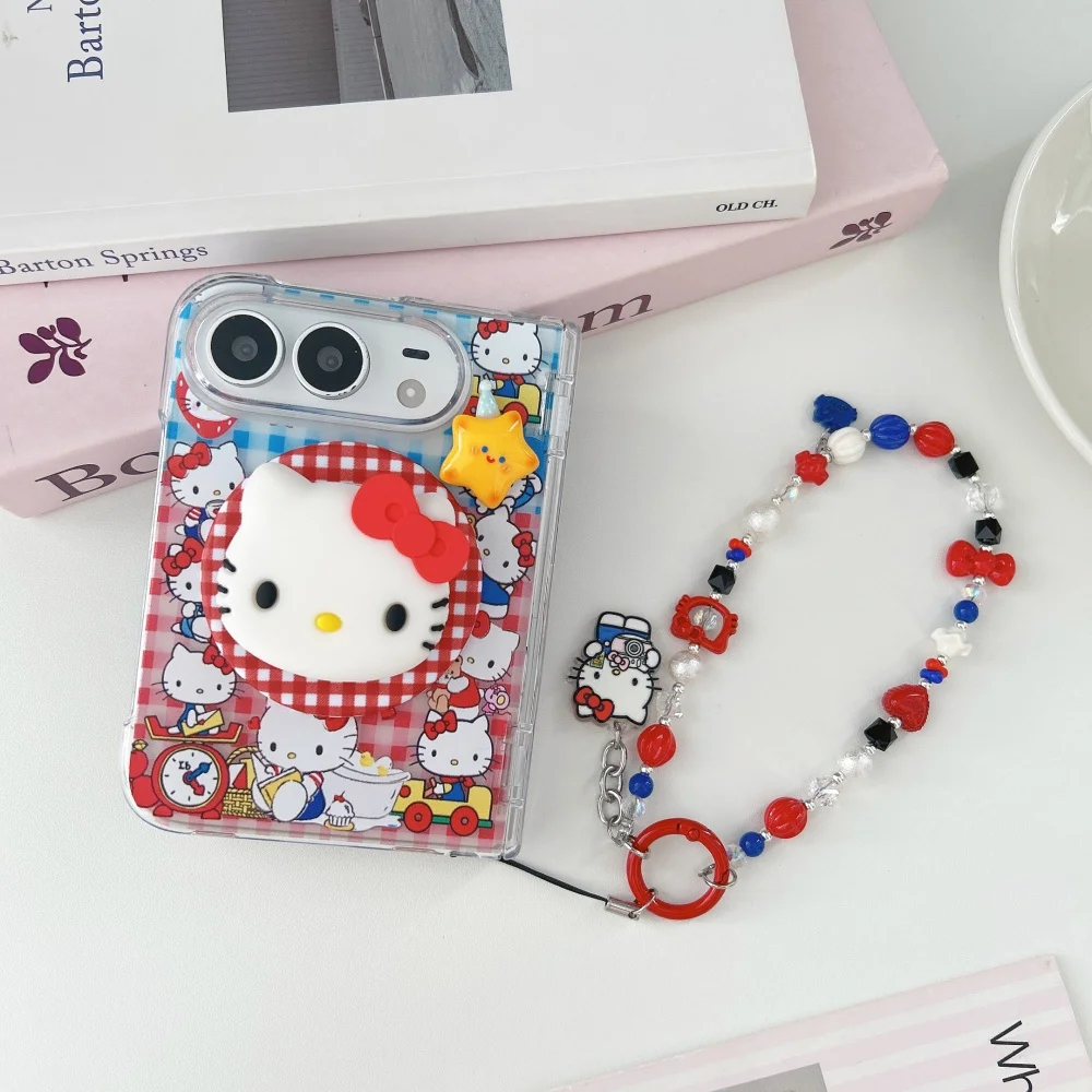 Hot Korean Ins Cute Cartoon Kitten Plaid Phone Case for iPhone Duo with MagSafe Holder, Fashion Sweet Anti-fall Protective Cases