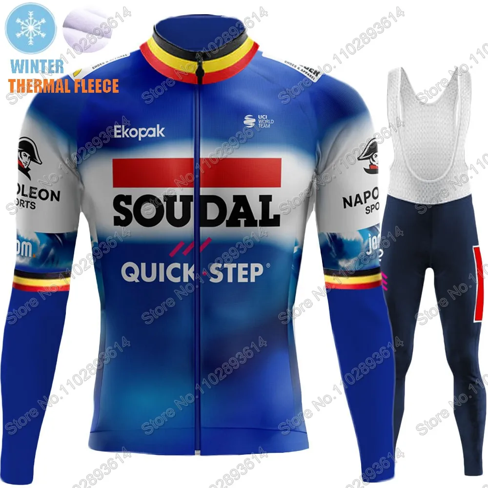 Soudal Quick Step 2024 Belgium Cycling Jersey Winter Clothing Set Thermal World Champion Long Sleeve Pants Bib Bike Suit MTB