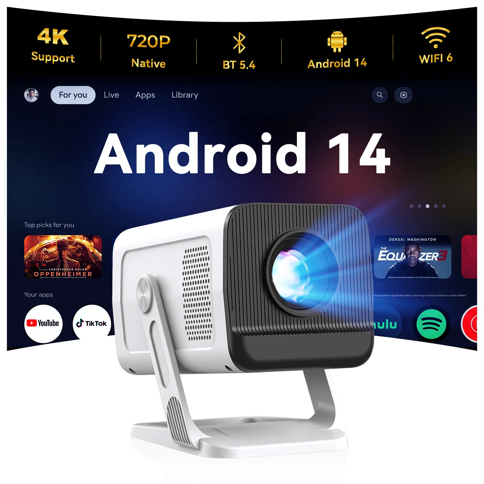 Smart Mini Projector Android 14, Supports 4K Video Native 720P ...