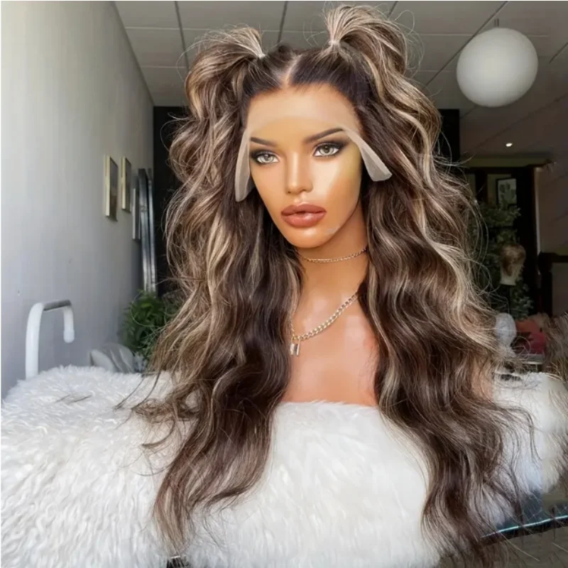 Peluca delantera de encaje sin pegamento para mujer: degradado marrón a rubio con reflejos, cabello humano, peluca frontal de encaje de aspecto natural para todos los días y