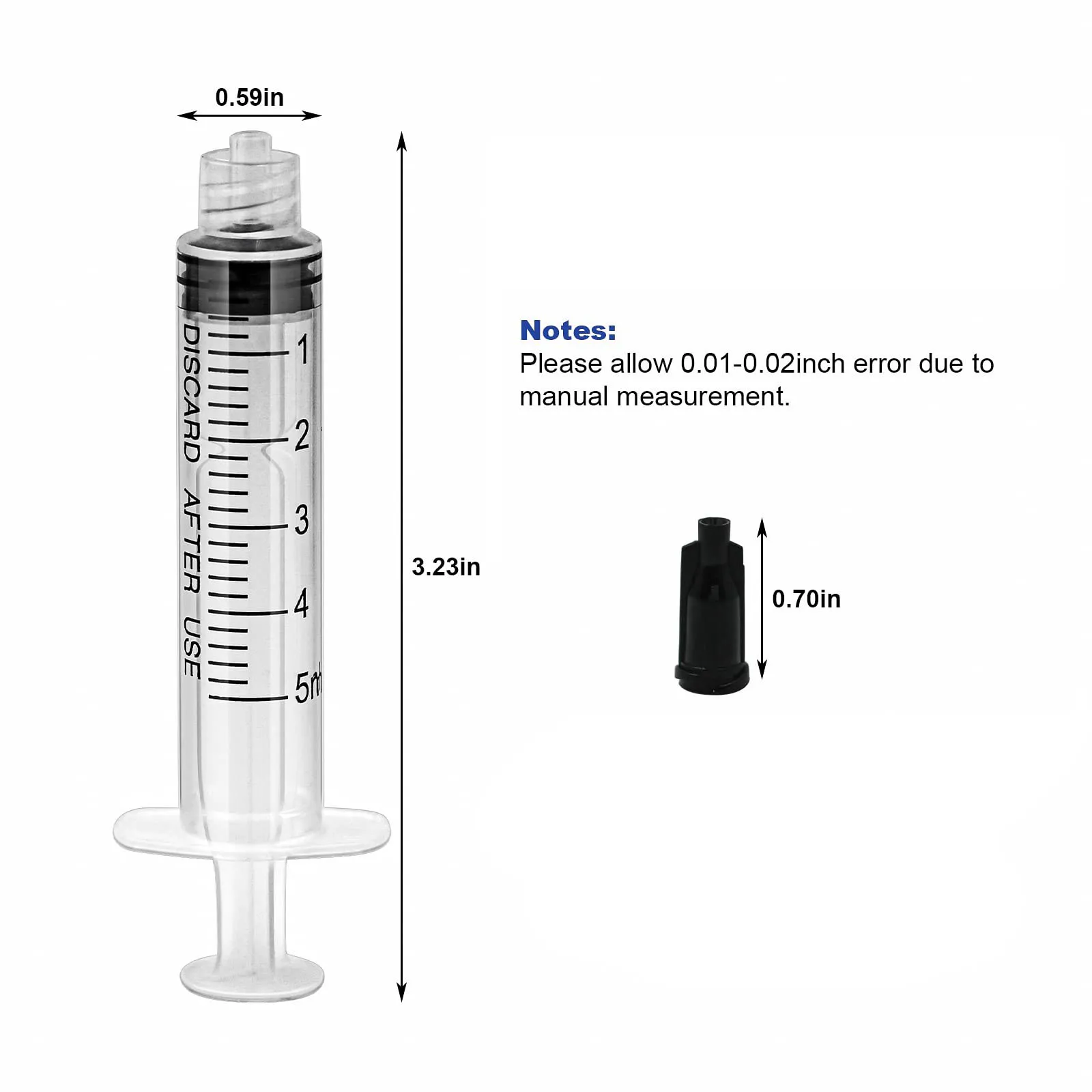 100 عبوة من حقنة بلاستيكية سعة 5 مل، غلاف فردي معقم (بدون إبرة)، محاقن قفل لور مع غطاء أسود للمختبرات العلمية