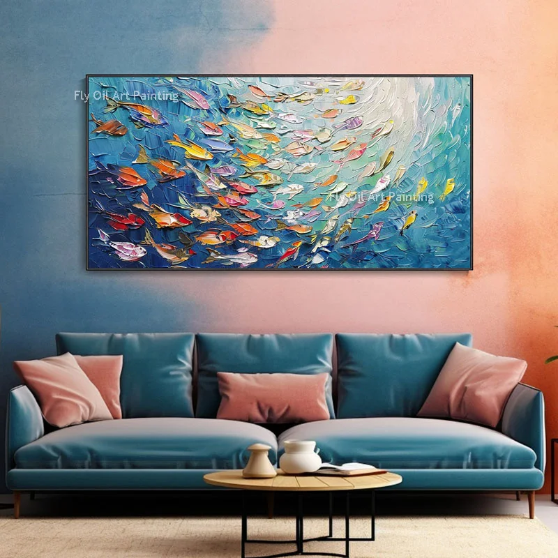 

Original Fish School Oil Painting On Canvas Handmade Large Wall Art Abstract Blue Ocean Painting Textured Art Room Wall Decor