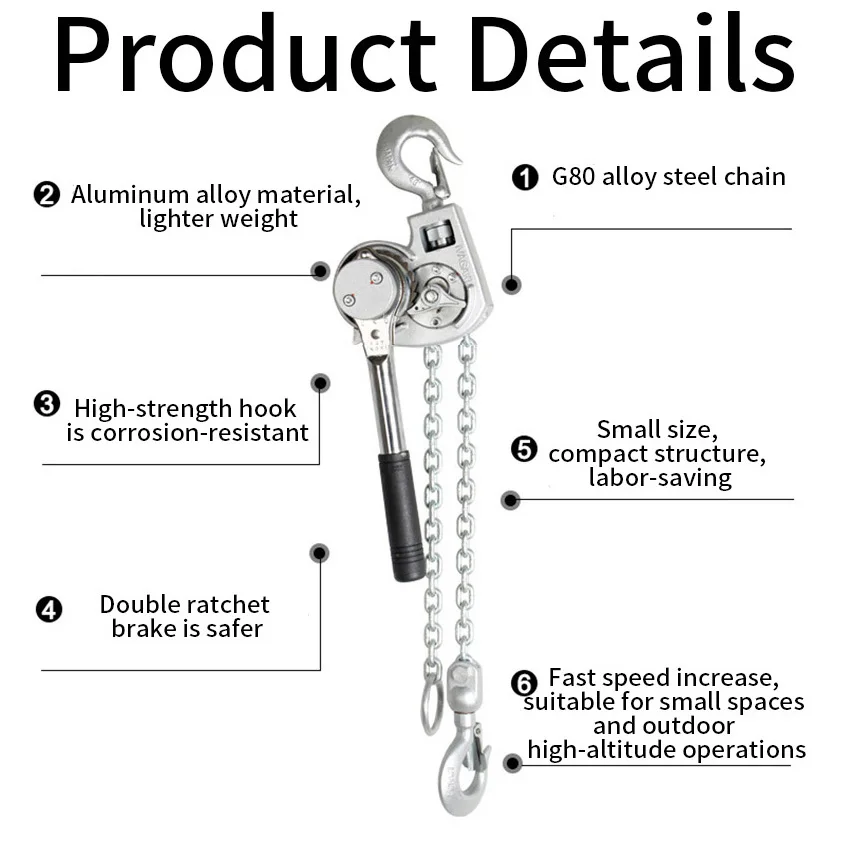 Aluminum Manual Lever Chain Hoist, 6 Ton Capacity, Heavy Duty Ratchet Chain Puller with Durable Hooks for Easy Lifting