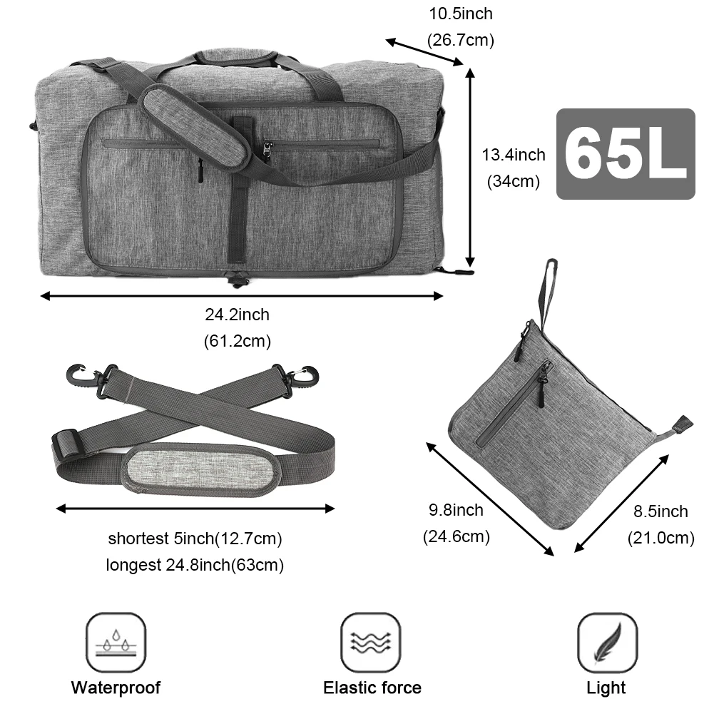Large Men\'s and Women\'s Travel Bag, Foldable Travel Bag 65L Waterproof Weekend Bag, with Shoe Box and Wet Bag, Sports Bag (Gray)