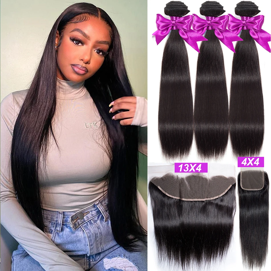 

Malaysian Straight Bundles With Frontal 100% Human Hair 3 Bundles With Closure HD Transparent Lace Frontal With Bundles 12A Hair