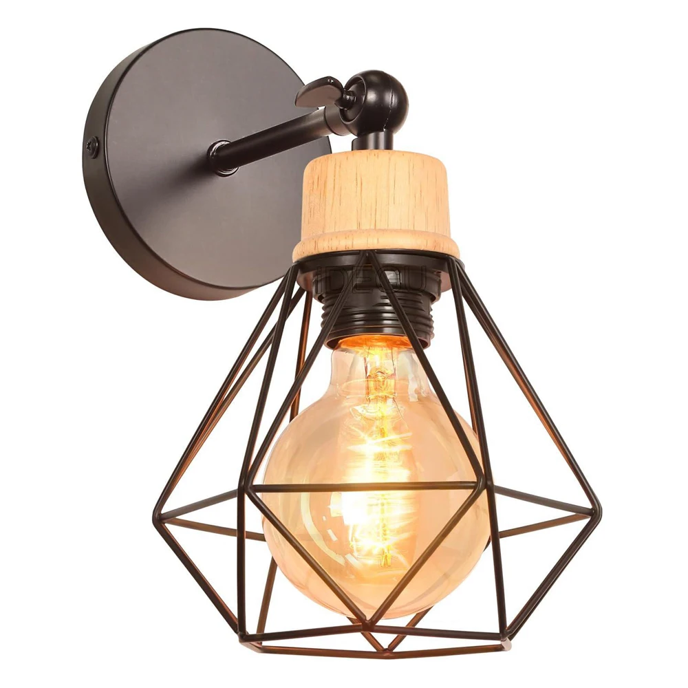 

Modern Wood Wall Lights American Iron Wall Lamps Lampshade Vintage Wall Sconce Loft Bedroom Living Room Indoor Lighting Fixture