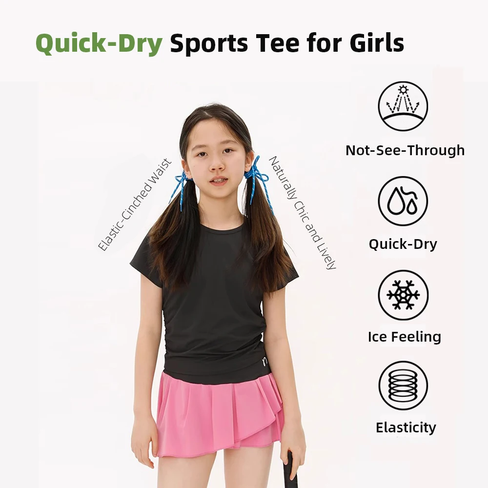 Girl's Cropped Ruched Sides Summer Sports Tee, Quick-Dry, Lightweight, Icy touch