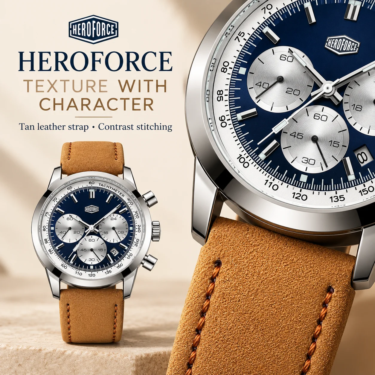 HEROFORCE Classic Silver Blue Men's Wrist Watch, Comfort Brown Genuine Leather Band, Multi Chronograph Stopwatch Function, Luminous Dial & Calendar