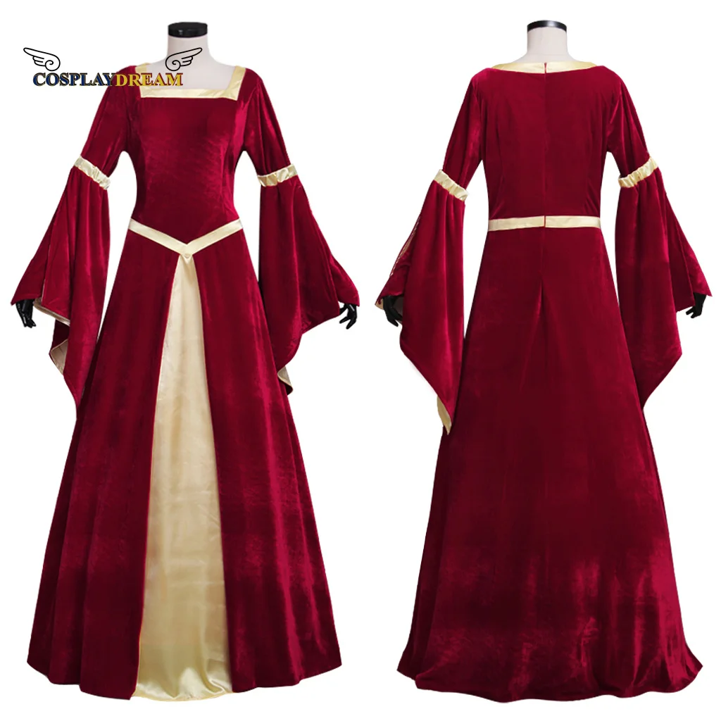 

Custom Made Medieval Velet Dark Red Yellow Lined Trampet Sleeves Dress Adult Women Wedding Dress Fancy Halloween Party Dress