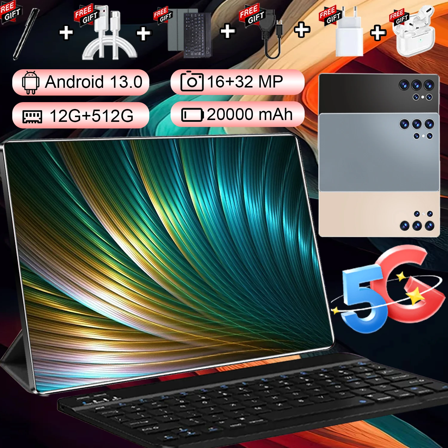 Tablette Android 13 ultra longue durée de vie, 10,36 pouces, processeur 14 cœurs, 12 Go + 512 Go, batterie 20000 mAh, WiFi 5G double SIM, appareils photo 16 MP + 32 MP, idéale pour le divertissement en extérieur et le stockage de fichiers
