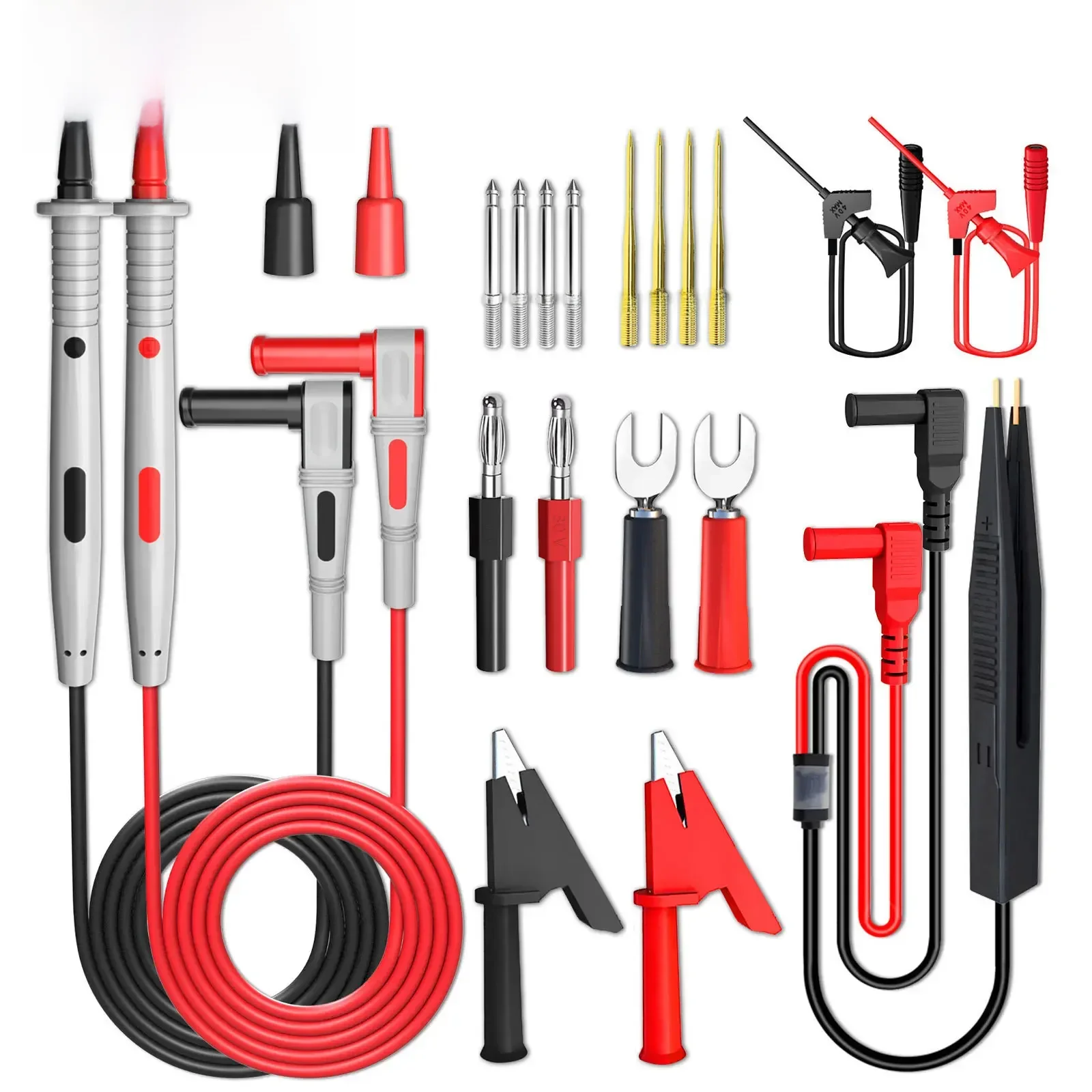 Cleqee P1503E 21 szt. Zestawy przewodów pomiarowych do multimetru z wymiennymi sondami igłowymi zacisk krokodylkowy 4mm wtyk bananowy kabel PVC 1000V — zdjęcie 2