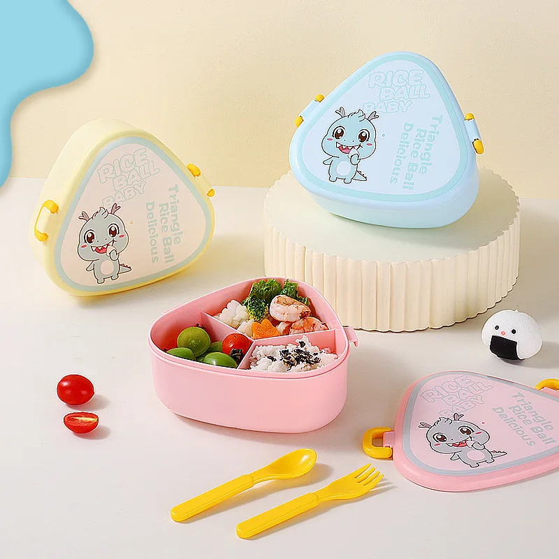 Triangular rice ball baby lunch box divided microwave oven heating office workers with cover cute cartoon students bento boxs