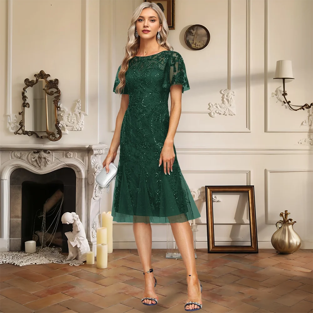 

Evening Dress Women's Trumpet Mermaid Scoop Knee-Length Tulle Lace Sequined Short Sleeve Summer Formal Prom Wedding Party Dress