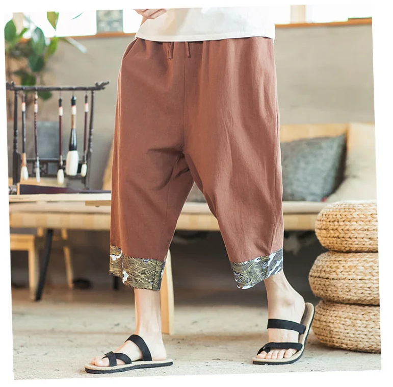 Calças de linho de algodão para homens Plus Size Chinese Style Vintage Calf Length Pants Summer Breathable Wide Leg Pants