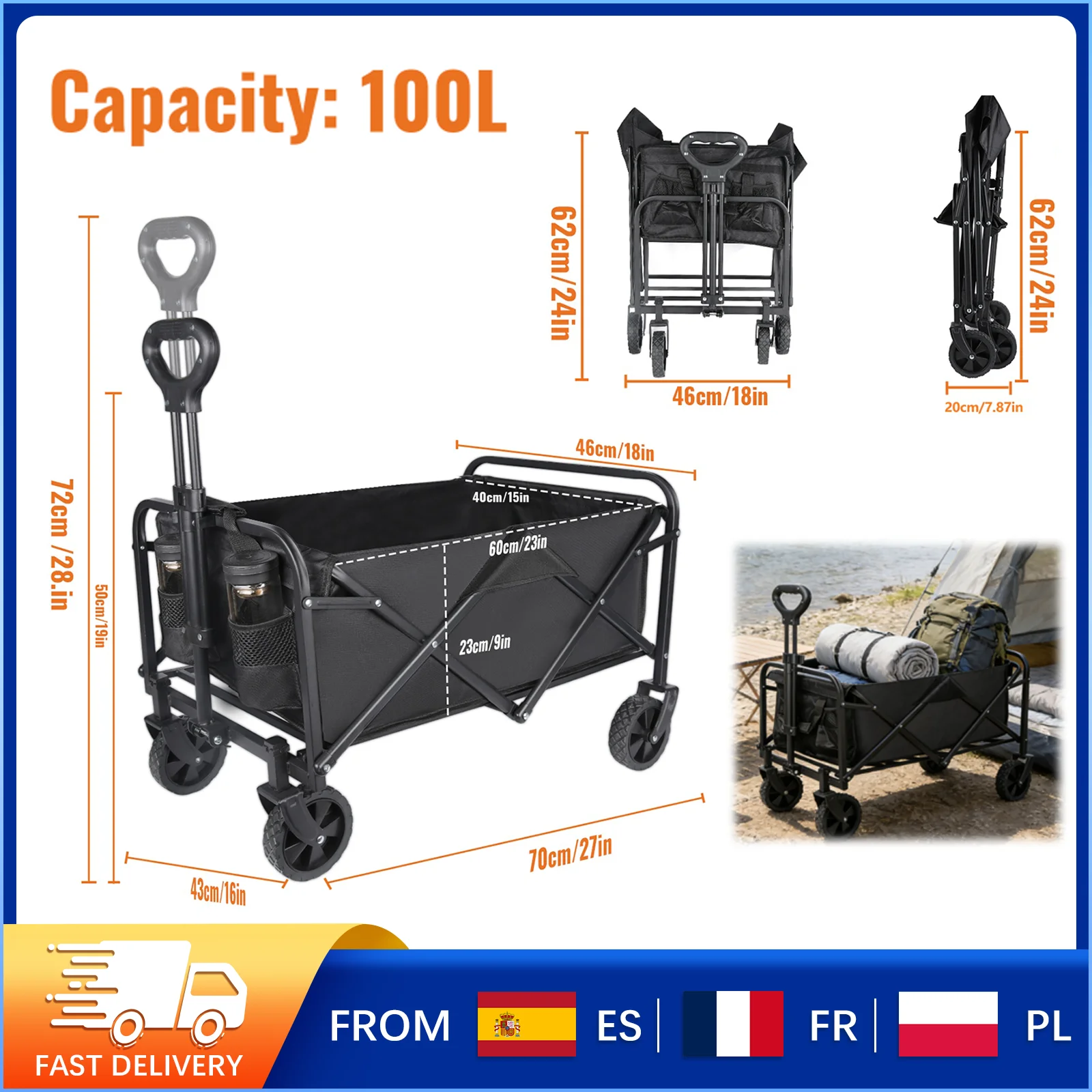 Chariot de courses pliable portable, cadre en acier, tissu Oxford résistant aux déchirures, rangement compact, pour le camping, la pêche, les courses