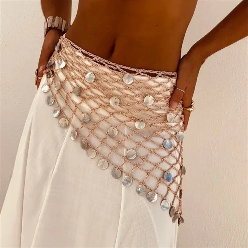 

Women's Sequined Knitted Skirts Wrap Swimwear Bottom Beach Sexy Hollow Out Crocheted Beach Cover-Up Swimwsuit