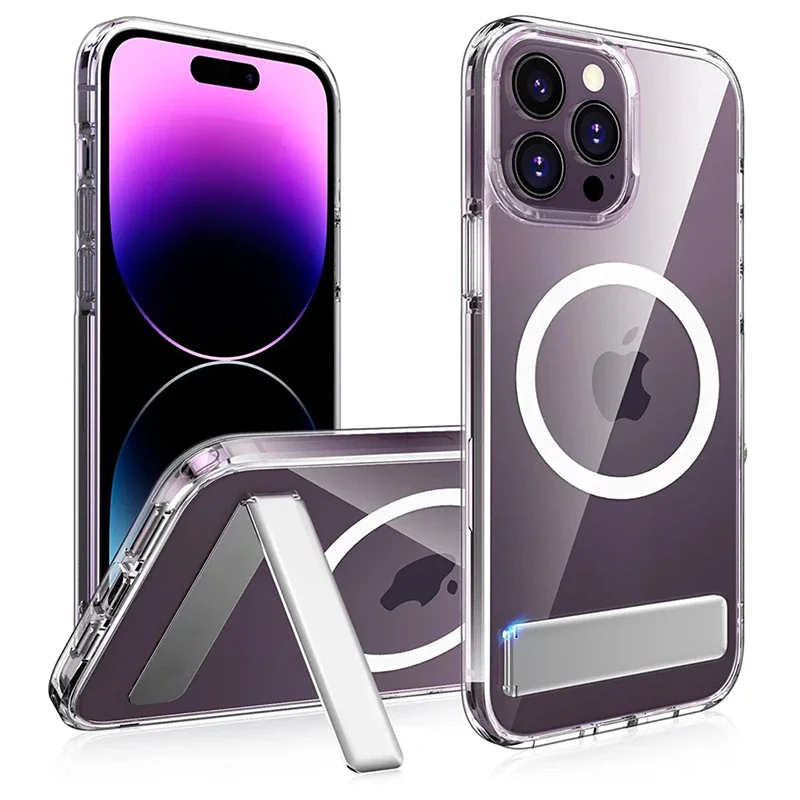 Coque de téléphone transparente magnétique avec béquille, étui arrière antichoc pour iPhone 17 16 15 14 Pro Max 13 12 11 Mini 15 Plus