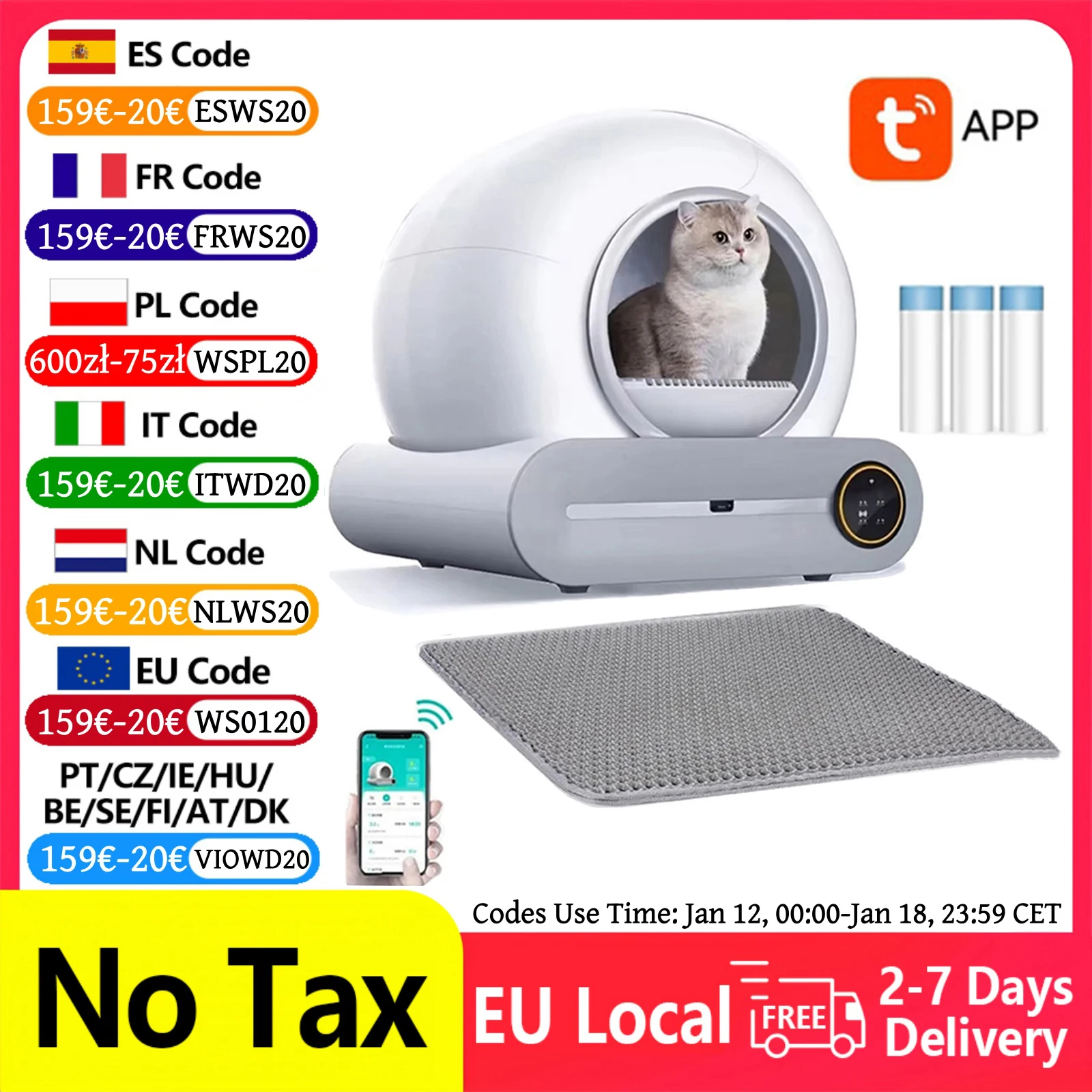 Bac à litière pour chat autonettoyant intelligent 65L, grande capacité, contrôle automatique par application, bac à litière fermé avec tapis poubelle pour chat