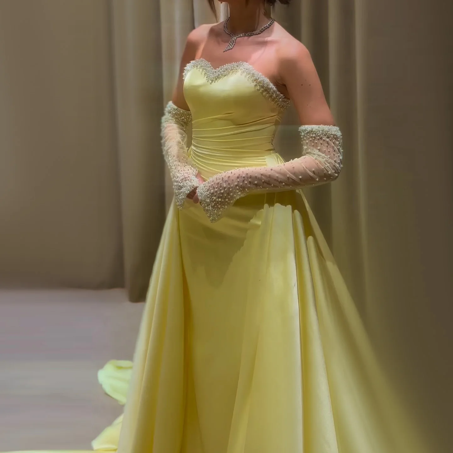 

Sharon Said Sweetheart Yellow Satin Beaded Pearls Arabic Evening Dress with Gloves for Wedding Party Gowns SS586 Customized