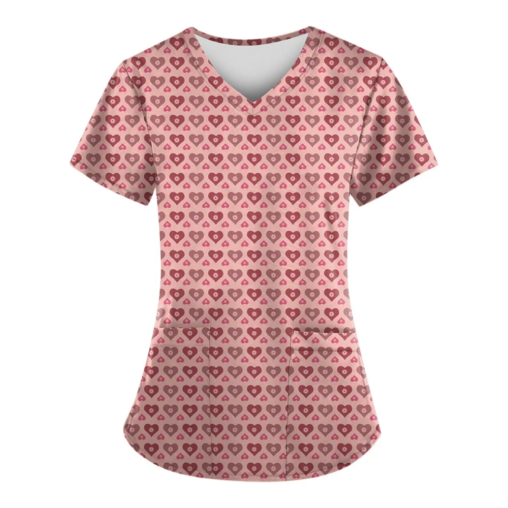 Tops Women Scrub Nurse Print Short Sleeve Cartoon V-Neck Tops Working T-Shirts Heart Print Healthcare Tunic Carers Workwear Tops