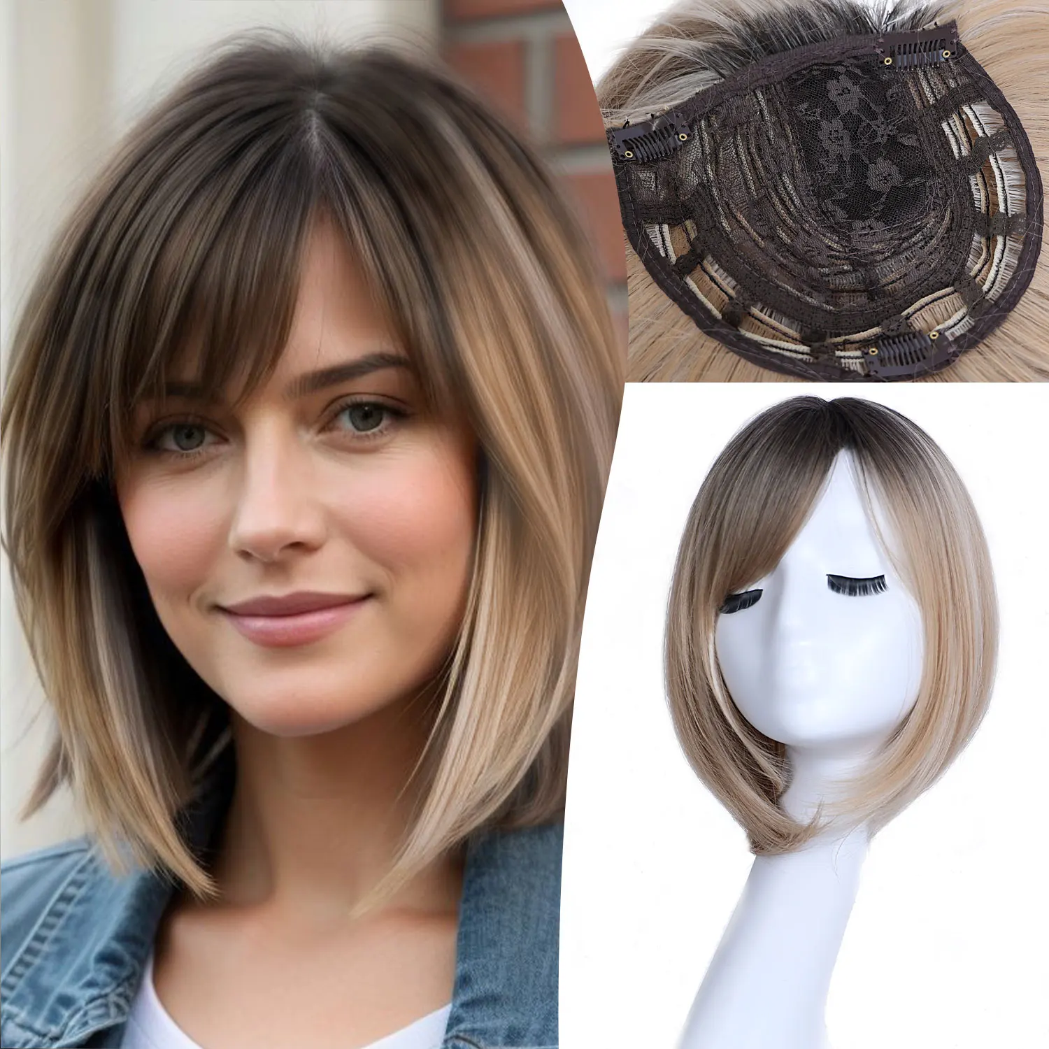 

Женская короткая парик-боб из синтетических волос, подходит для тех, у кого волосы истончаются, 10 дюймов-360 ° Накладка для волос с челкой