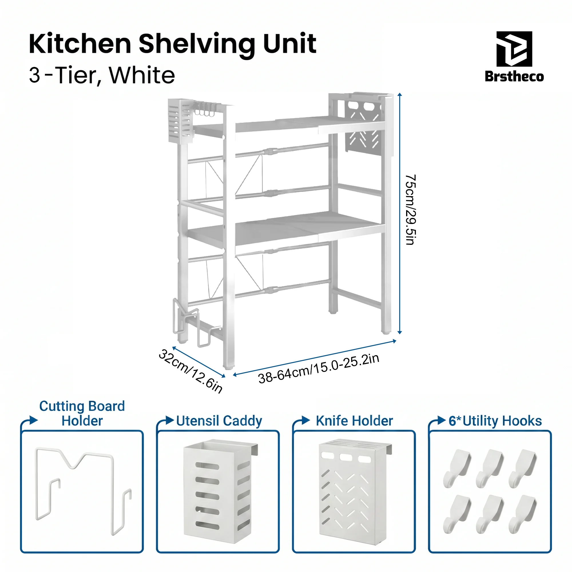 Verstellbares 3-stufiges Küchen-Mikrowellenregal, erweiterbar von 38 cm bis 64 cm, Arbeitsplatten-Organizer mit 6 Haken, Messerhalter, Utensilienkorb und Schneidebretthalter für die Aufbewahrung von