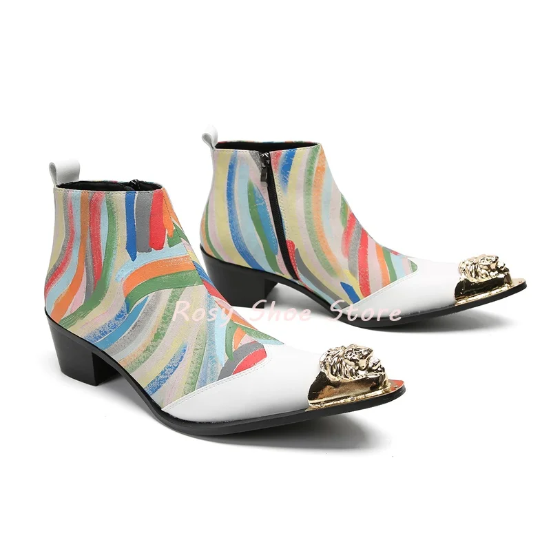 

Vibrant Colorful Graffiti Men's Fashion Ankle Boots Metal Pointed Toe Contrasting Color Short Boots Novelty Party Trendy Boots