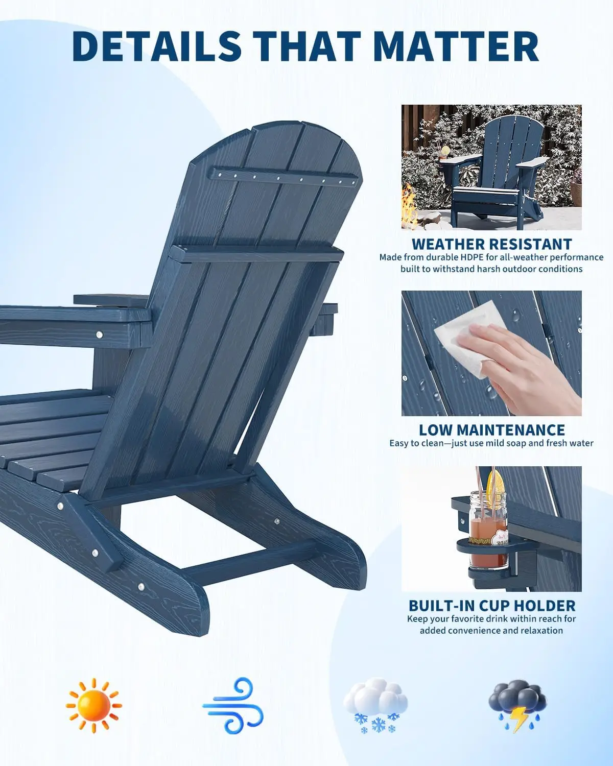 Folding Adirondack Chairs Set of 1, HDPE Outdoor Patio Chairs with Embossed Wood Grain and Cup Holder, All-Weather Lawn Chairs for Garden Deck Fire Pit, Blue