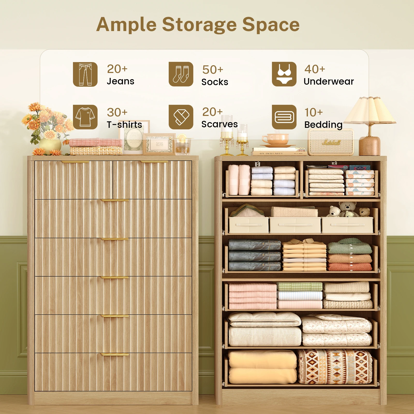 48" Tall Dresser for Bedroom with 7 Drawers, Dressers & Chests of Drawers with Metal Handle, Fluted Dresser, Wood Closet Clothes image 4