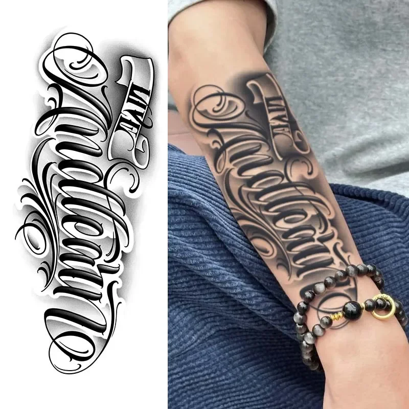 1 Stück abgerundete Schriftart, wasserdichtes temporäres Tattoo, langlebig, 1–2 Wochen, realistisches semi-permanentes Fake-Tattoo