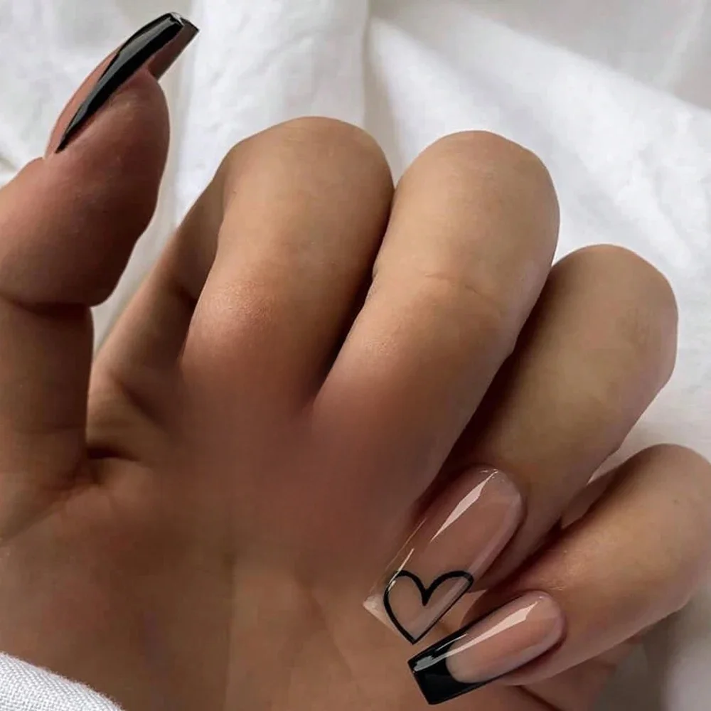 ARTAUG 24PCS Medium Ballerina Pink Nails Black French Tip Press On Nails Press On Nails Love Design Summer Nails Tipsy Cute Nail — zdjęcie 2